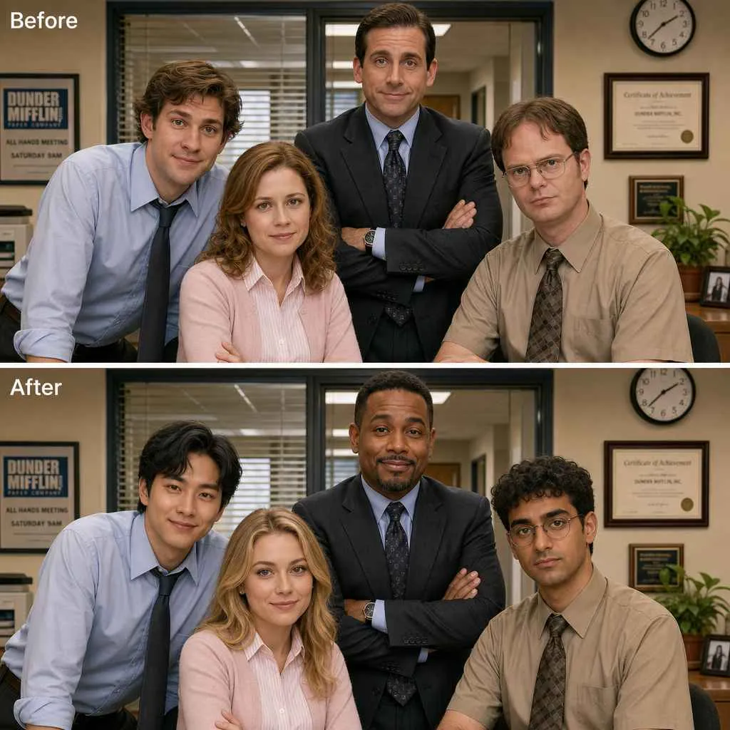 Before and after face swap comparison showing the same face swapped onto multiple people