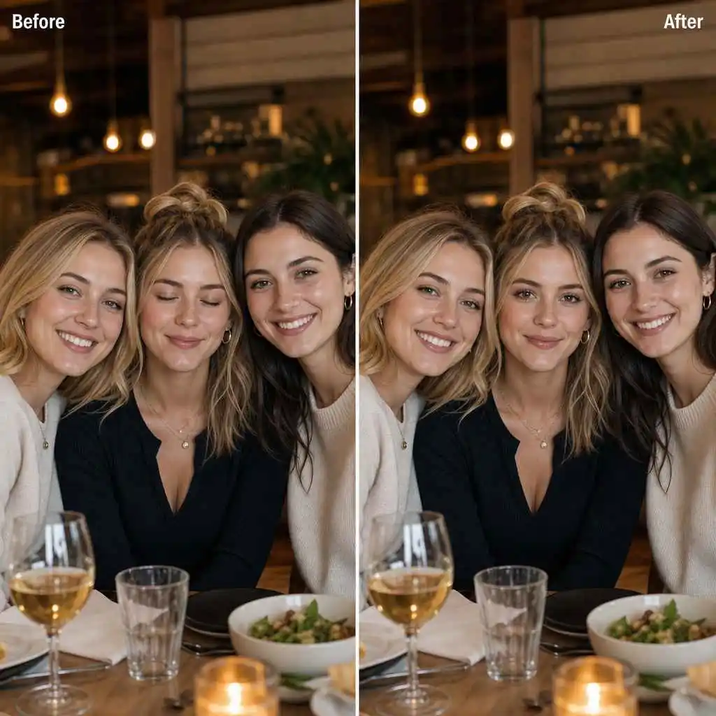 Before and after face swap comparison fixing a group photo with a better face